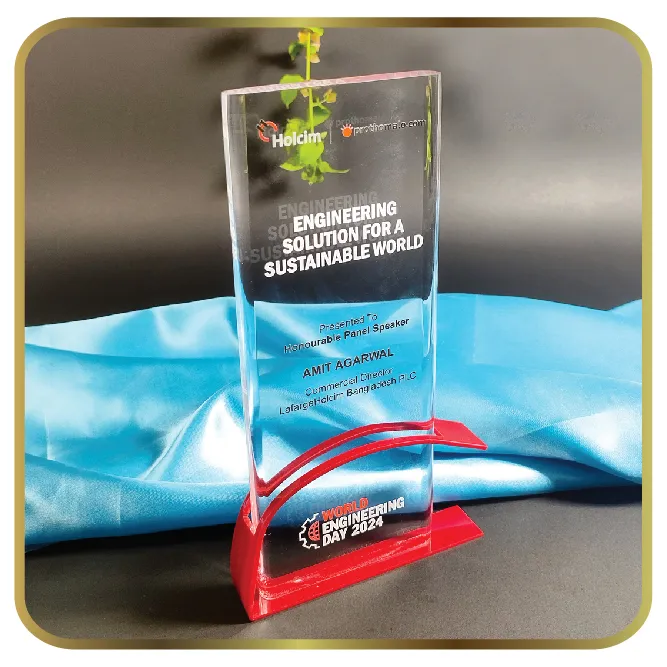 Premium Clear Acrylic Pillar Award with Contoured Red Metallic Accent Base