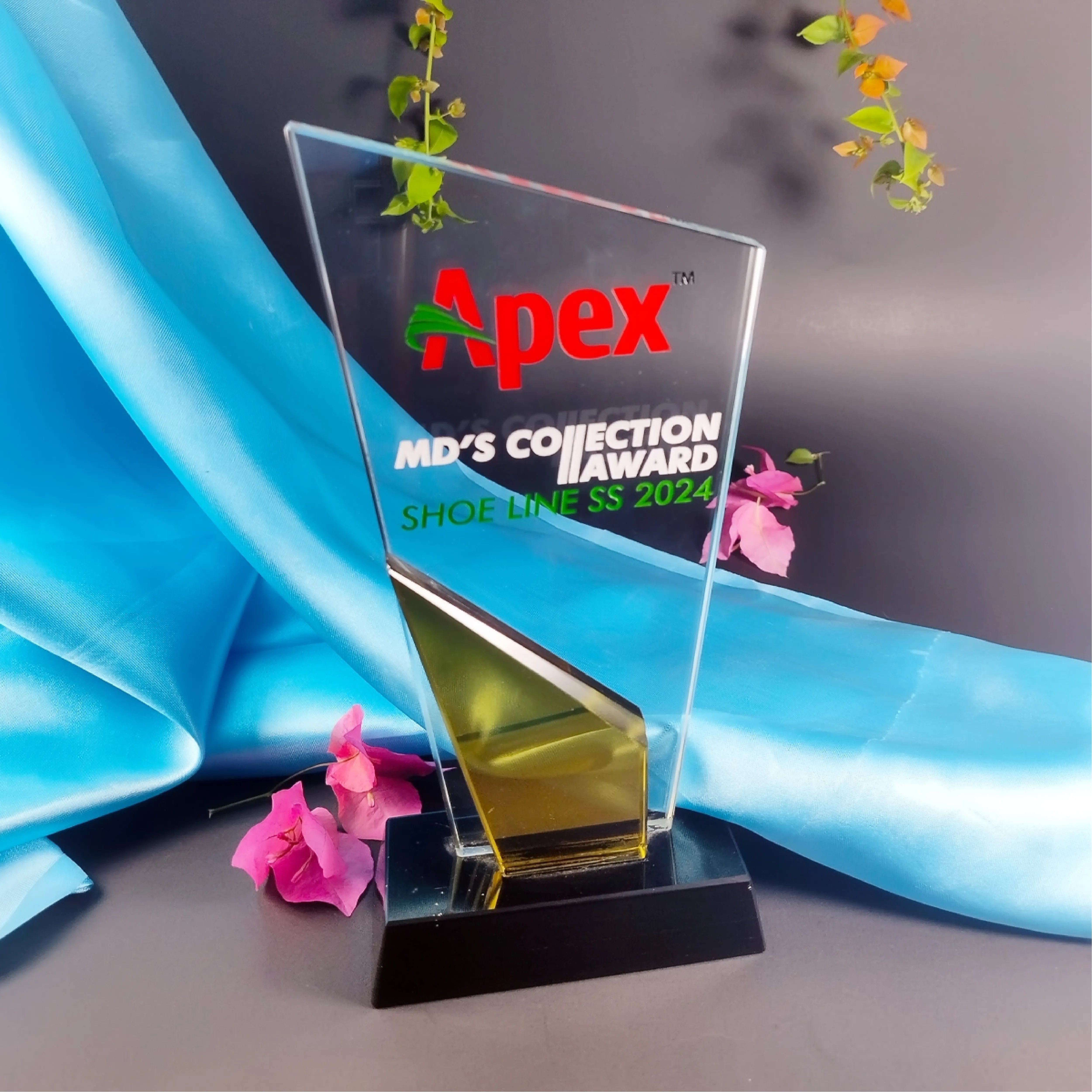 Premium Clear Crystal Slanted Shield Corporate Award with Yellow Geometric Accent and Black Base