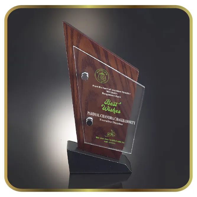 Custom Asymmetric Wooden Recognition Award with Clear Acrylic Overlay and Slanted Black Base
